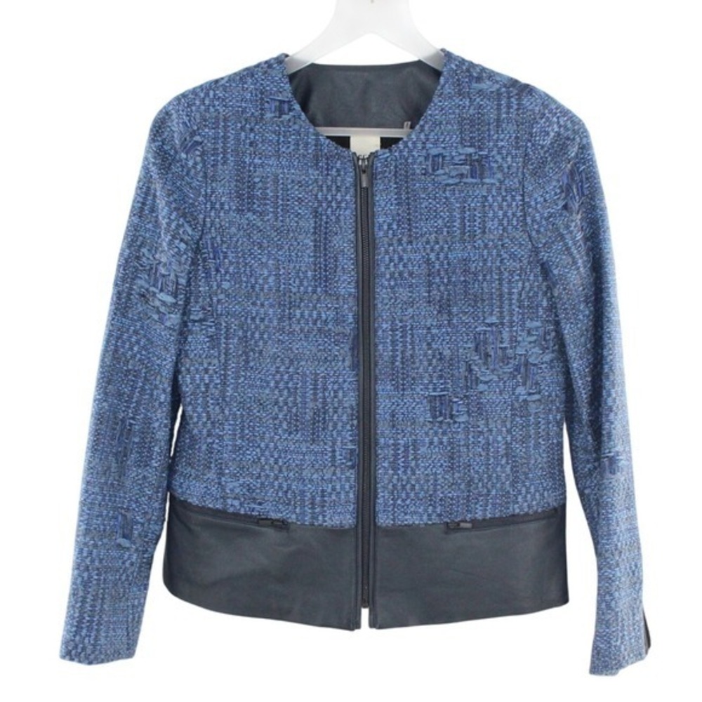 Ecru Zip Front Jacket Tweed Leather Trim Size S Blue 2282J